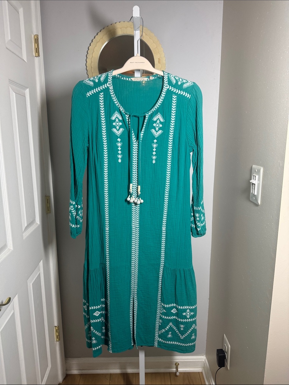 Soft Surroundings Teal Embroidered Midi Dress with Tassel Tie Size Small